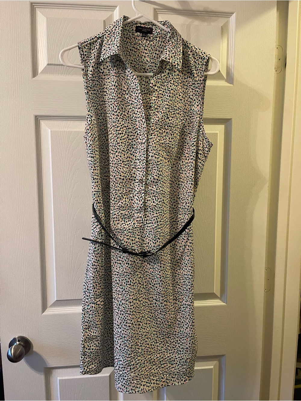 Sleeveless Collared Shirt Dress in White with Multi-Color Dot Print